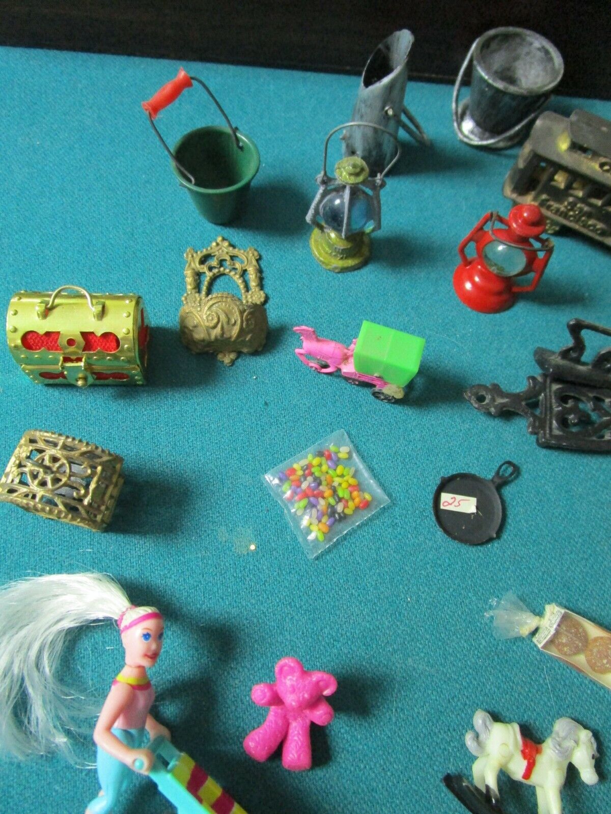 ANTIQUE MINIATURE TOYS LOT AND 2 WOODEN RACK 51 MINIATURES