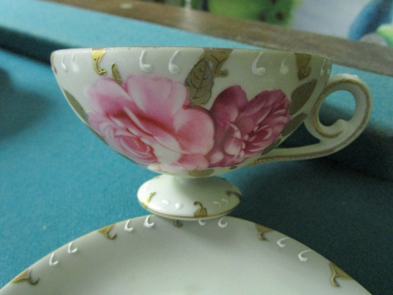 BISQUE FOOTED FLORAL CUP AND SAUCER MADE IN JAPAN HAND PAINTED [170C]
