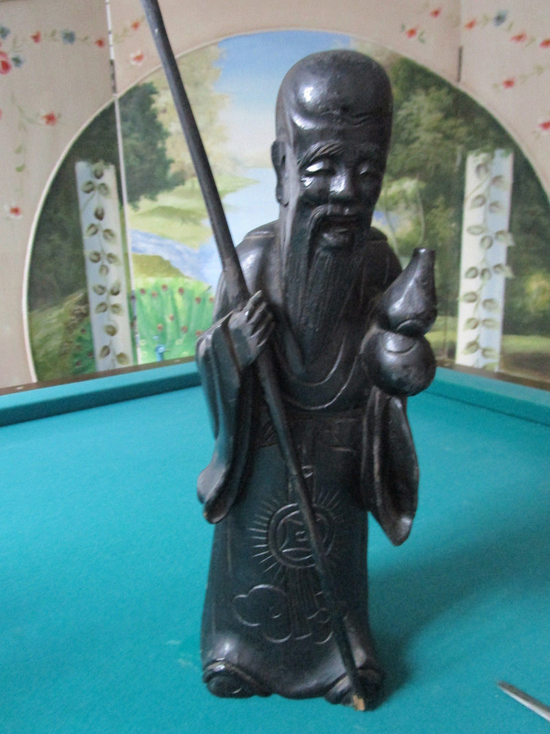 CARVED CHINESE MONK DEITY 13" TALL BLACK WOOD ^^^
