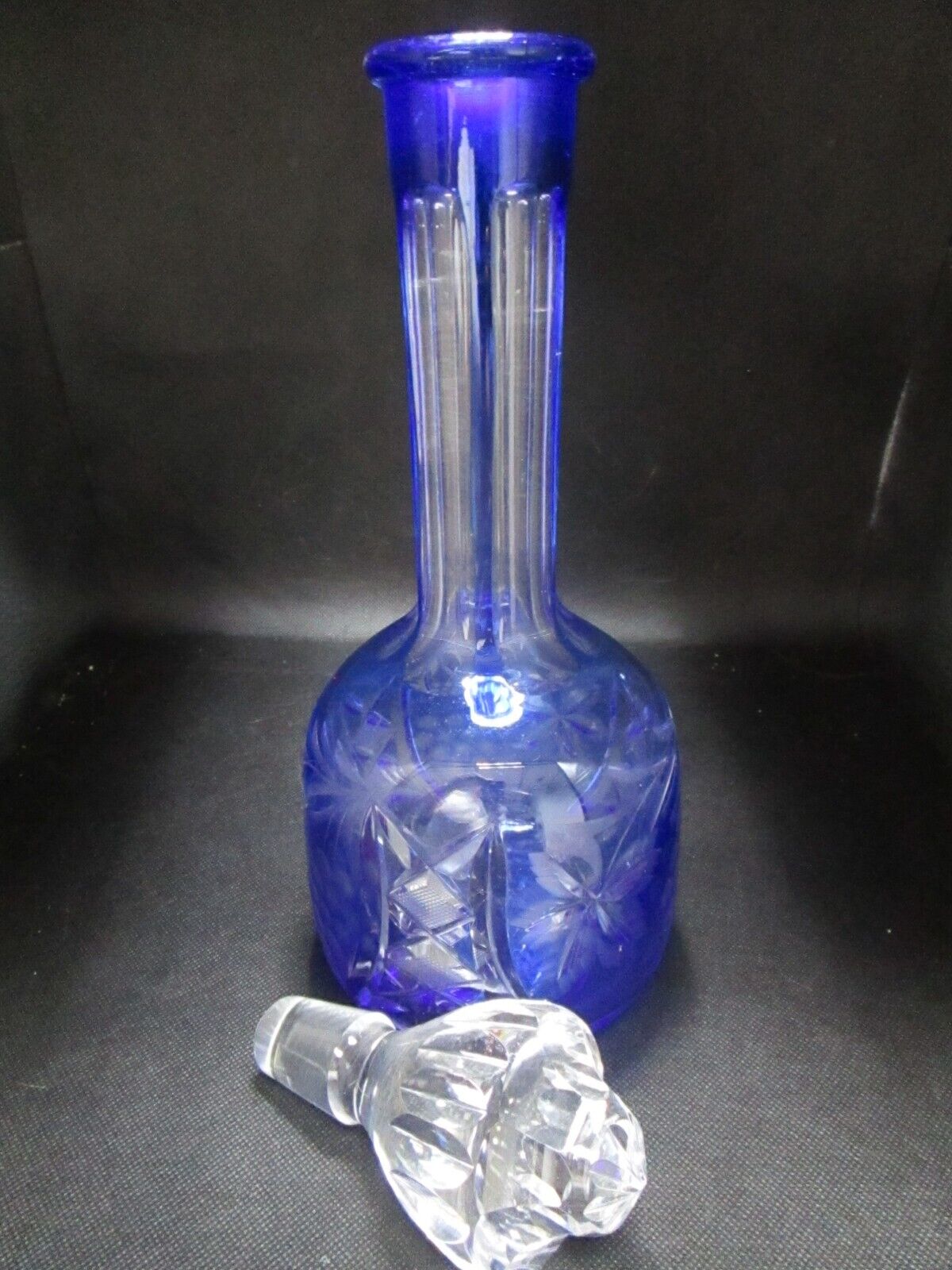 AJKA MARSALA BOHEMIA BLUE CRYSTAL CUT TO CLEAR DECANTER WITH GOBLET