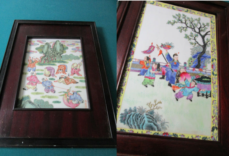 Chinese Antique Famille Rose Framed Porcelain Plaque CHILDREN PLAYING PICK 1