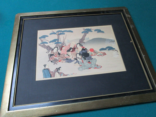 WOODBLOCK PRINT JAPANESE 'FAMILY MEETING" NO GLASS