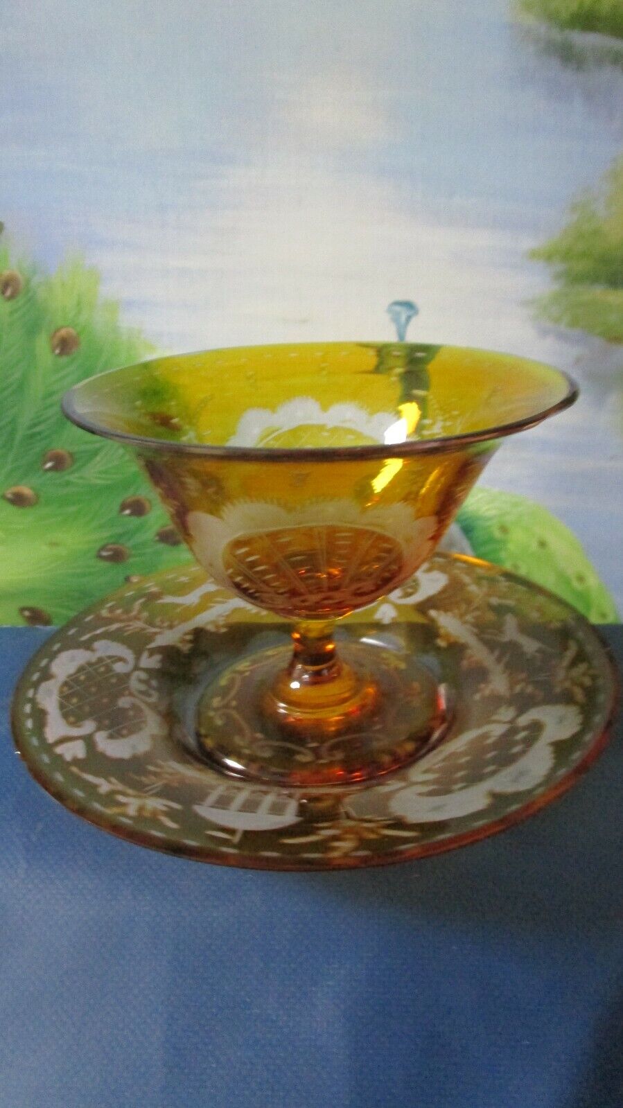 AMBER CRYSTAL bohemian WINE WATER GLASSES - SORBET AND PLATE - CORDIALS - PICK1