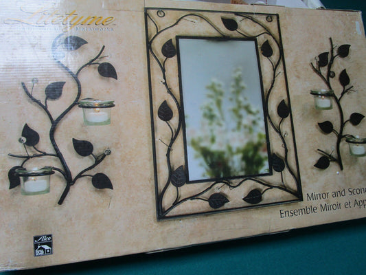 ALCO MIRROR AND SCONCE SET METAL DECORATIVE LEAVES 4 VOTIVE CUPS HOLDERS