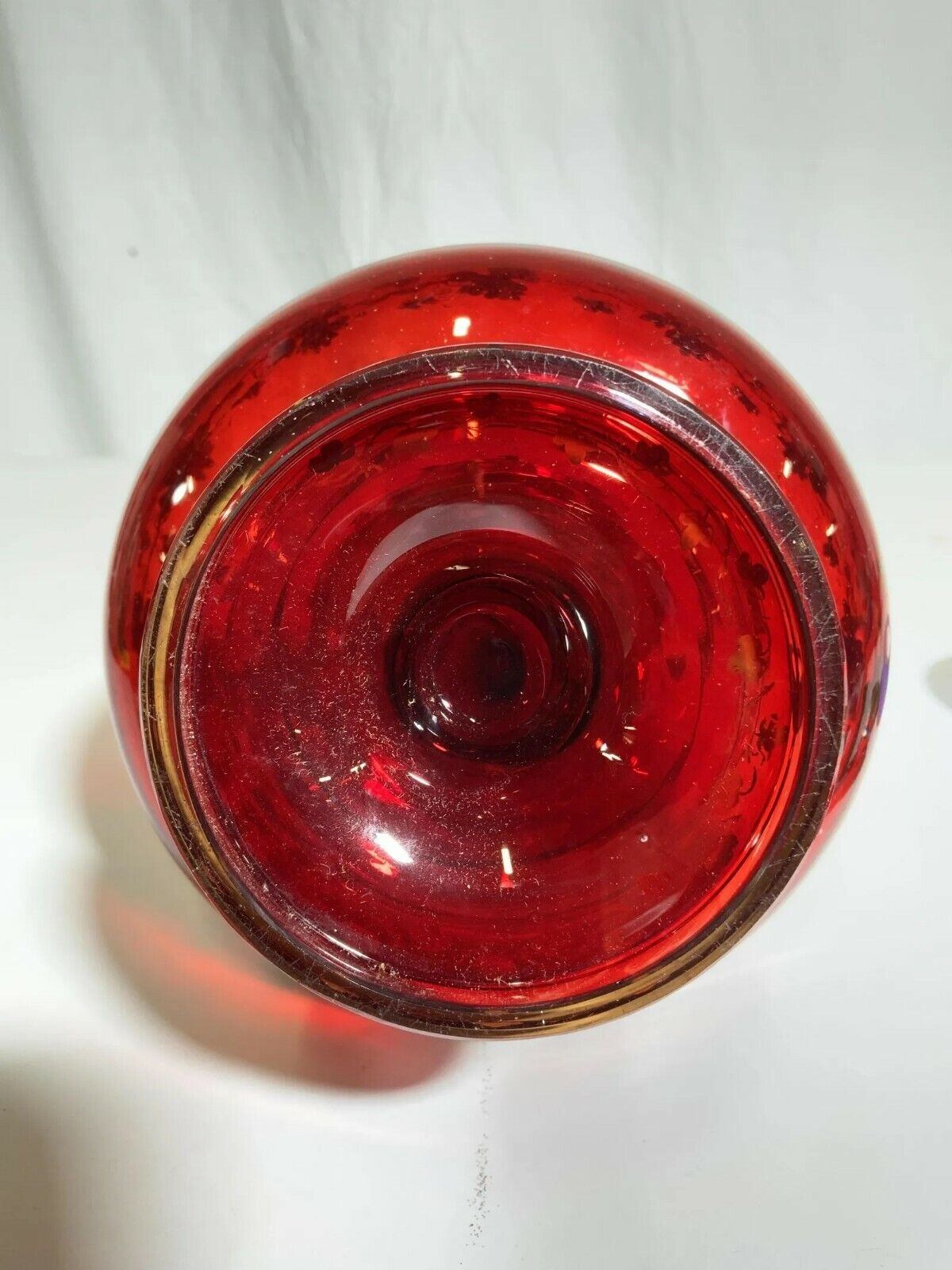 ANTIQUE BOHEMIAN GLASS RED VASE cranberry with gold gilt  floral, vine and leaf