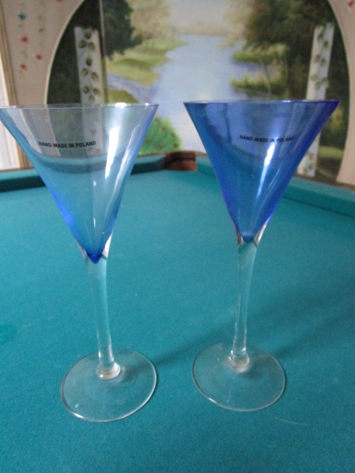 2 MARTINI BLUE dark and lighter CRYSTAL GLASSES  HANDMADE IN POLAND