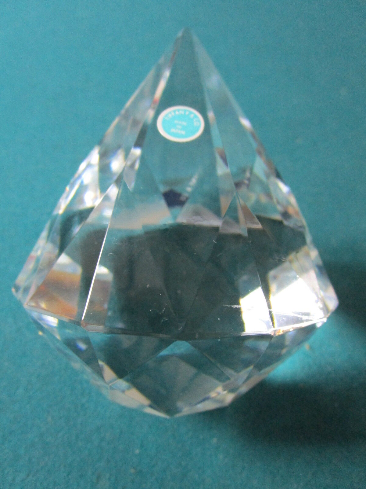 Tiffany Paperweight diamond crystal glass. 3 3/4" tall. Original label