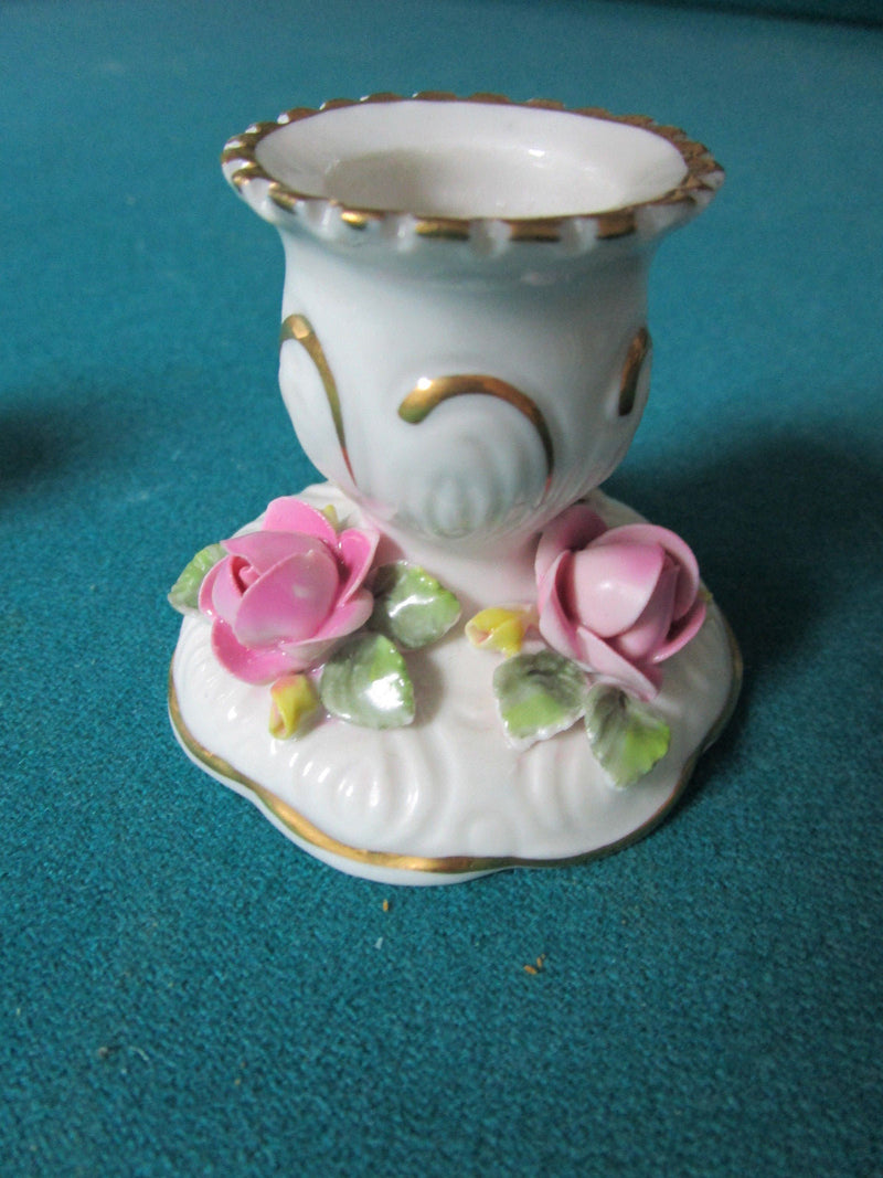 DRESDEN GERMANY PAIR OF CANDLE HOLDERS ROSES AND GOLD 2" TALL [*a14]