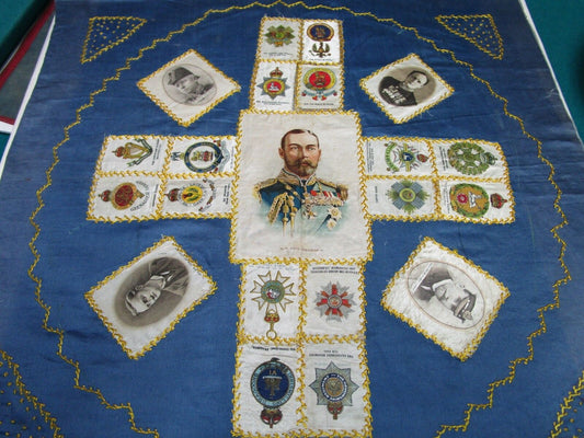 1920S KING GEORGE V HANDMADE PATCHWORK SCARF WITH ENGLISH ARMY COATS OF ARMS