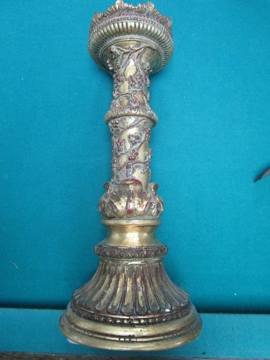 COLUMN TOWER CERAMIC CANDLE HOLDER REPOUSSE WITH RED GRAPES 15"