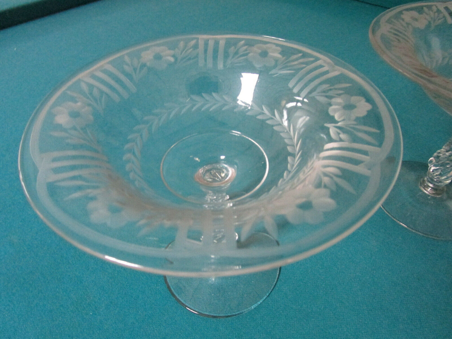 American Pressed Glass 2 Cake Stand COMPOTE Swirl Pattern ETCHED FLOWERS