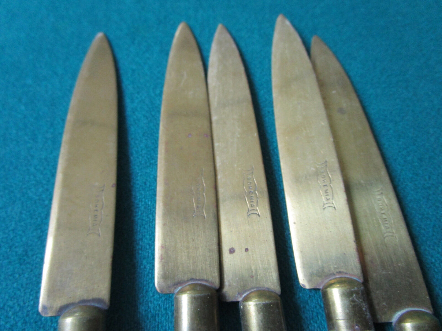 Antique 10 Fruit Knives Blue White China Handles Brass Blades Bohemia Czech.6"