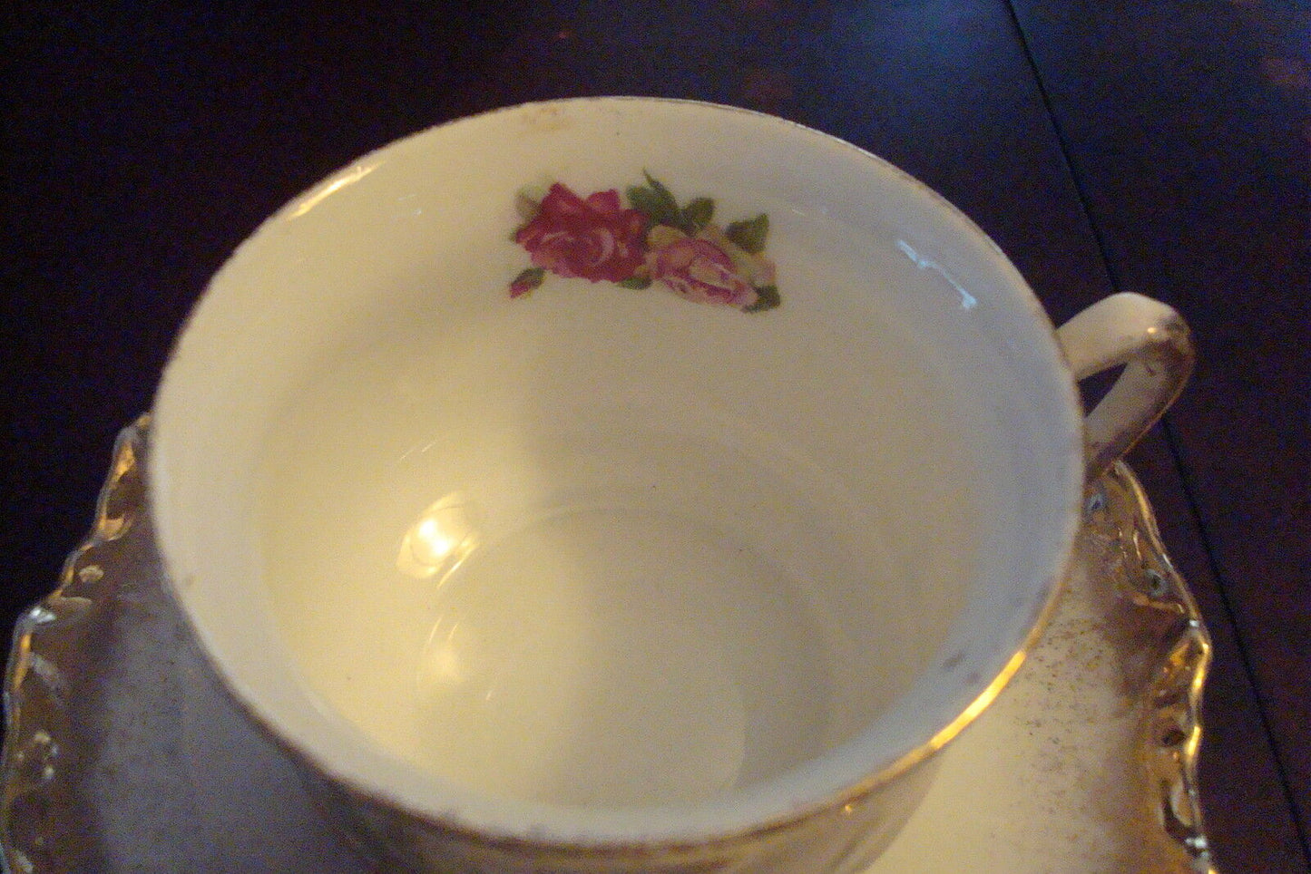 Unmarked German cup and saucer, transfer roses and gold RARE [91]