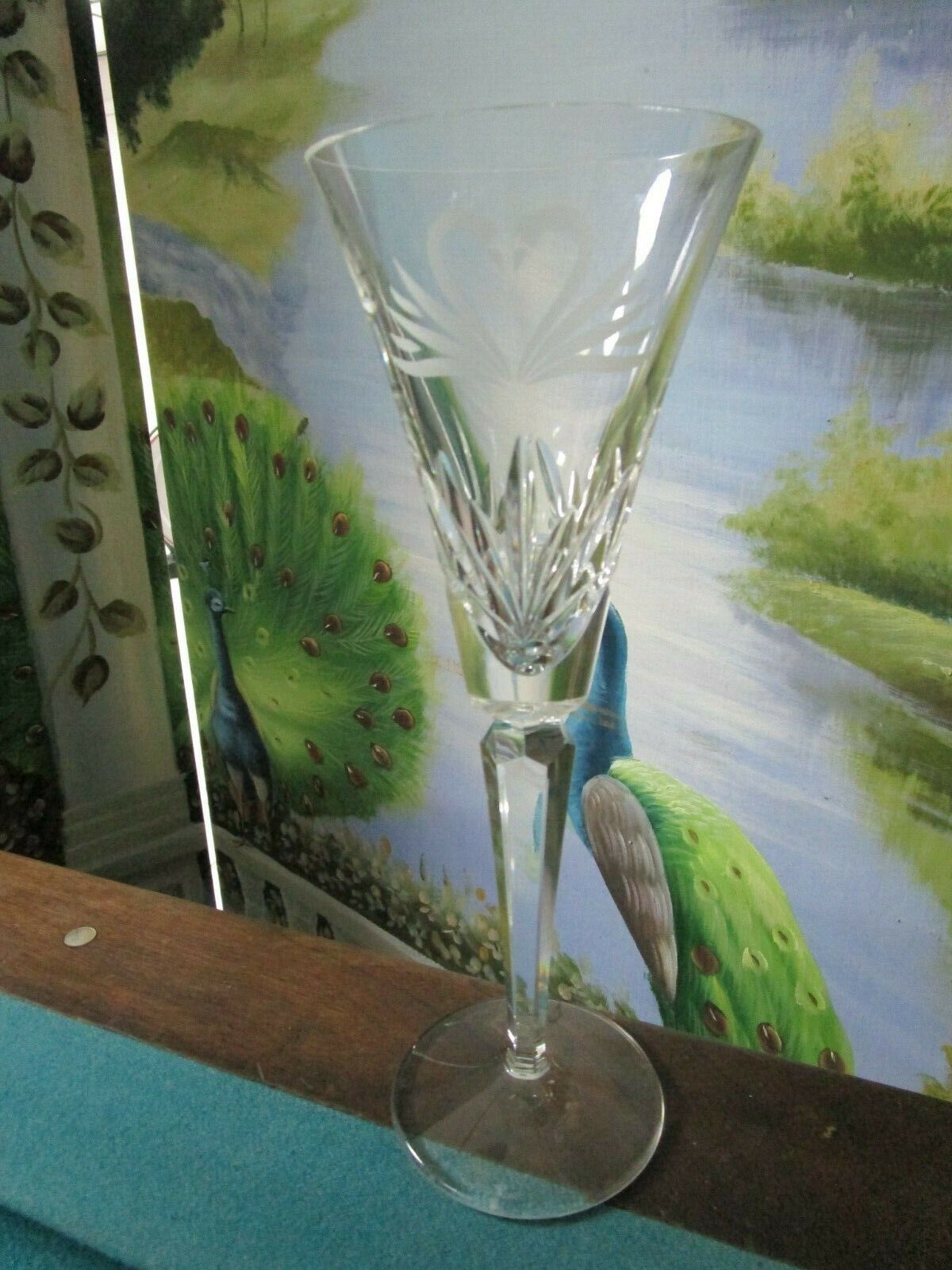 WATERFORD CRYSTAL PAIR CHAMPAGNE GOBLETS SWANS HEART ETCH