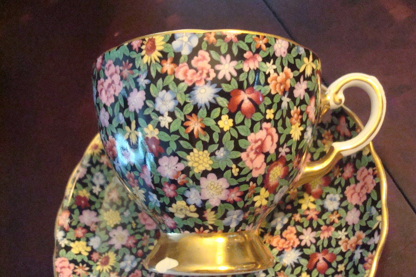 Tuscan Mid Century England "Mille Fleurs" cup & saucer, flowers & gold [91]