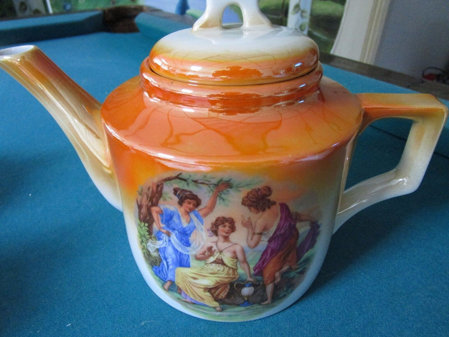 ZSOLNAY HUNGARY COFFEE SET ORANGE LUSTER DANCING MAIDENS STENCILED 1940s UNIQUE