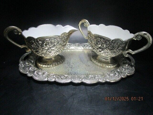 SILVERPLATE SUGAR AND CREAMER ON TRAY ENAMELED INSIDE ^^ [140C]