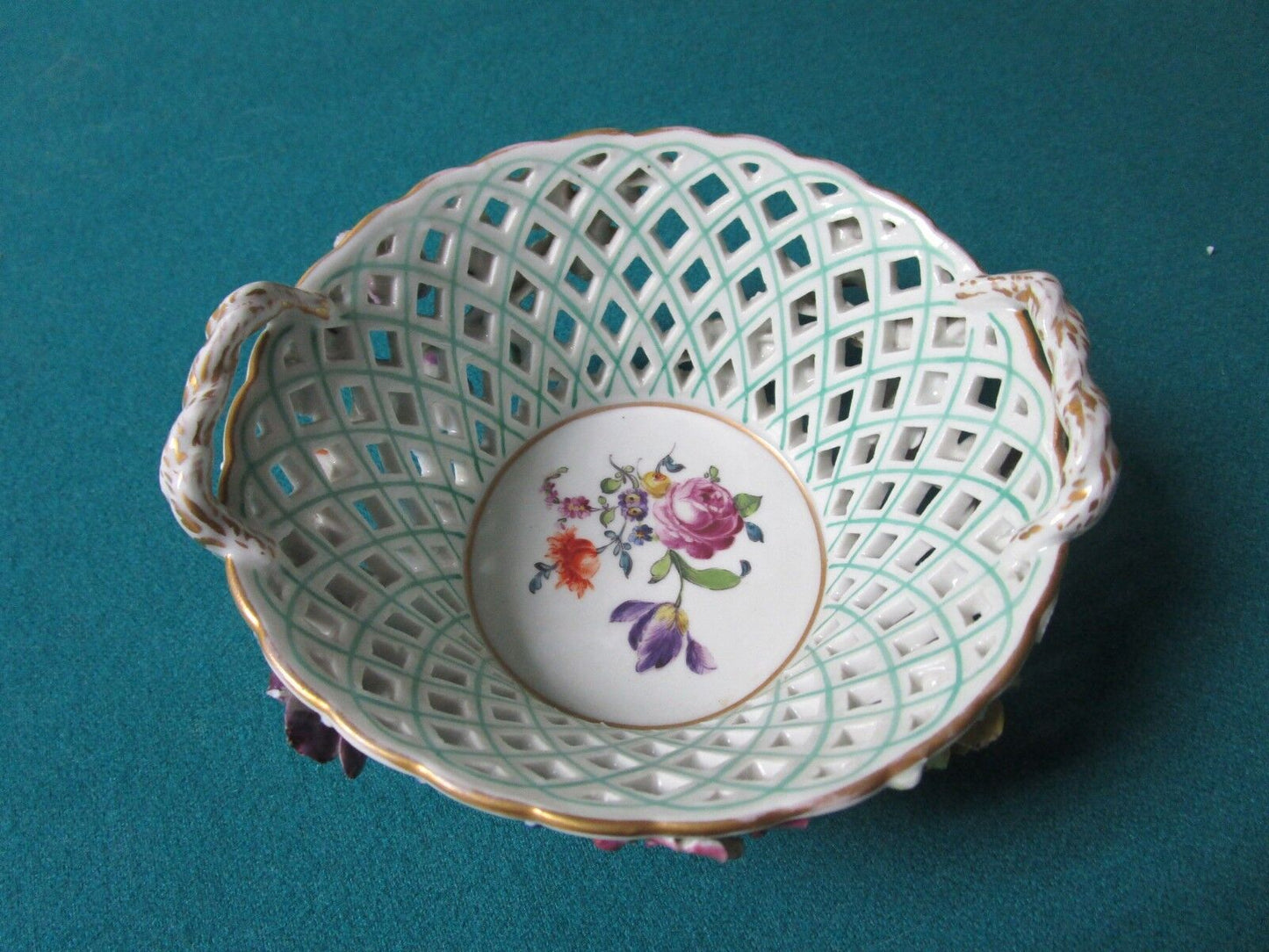 ANTIQUE ANSPACH GERMANY ROUND BASKET BOWL CERAMIC FLOWERS WAVED