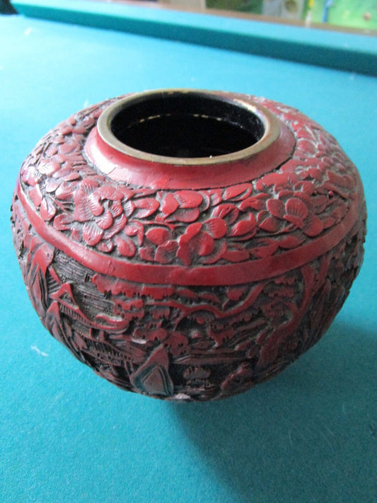 Antique Chinese Cinnabar Vase 5 x 5 1/2"[bxcloissone]