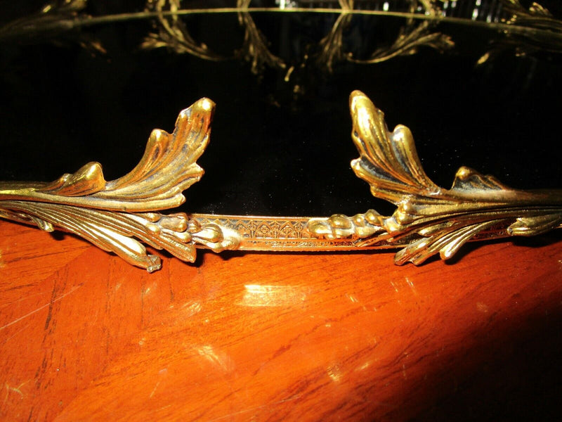 FRENCH ORMULU ANGELS BRASS BLACK GLASS OVAL VANITY TRAY