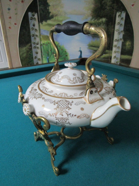 Kpm Krister Antique Germany Tea Pot Kettle  With Warmer Brass Stand [aC]