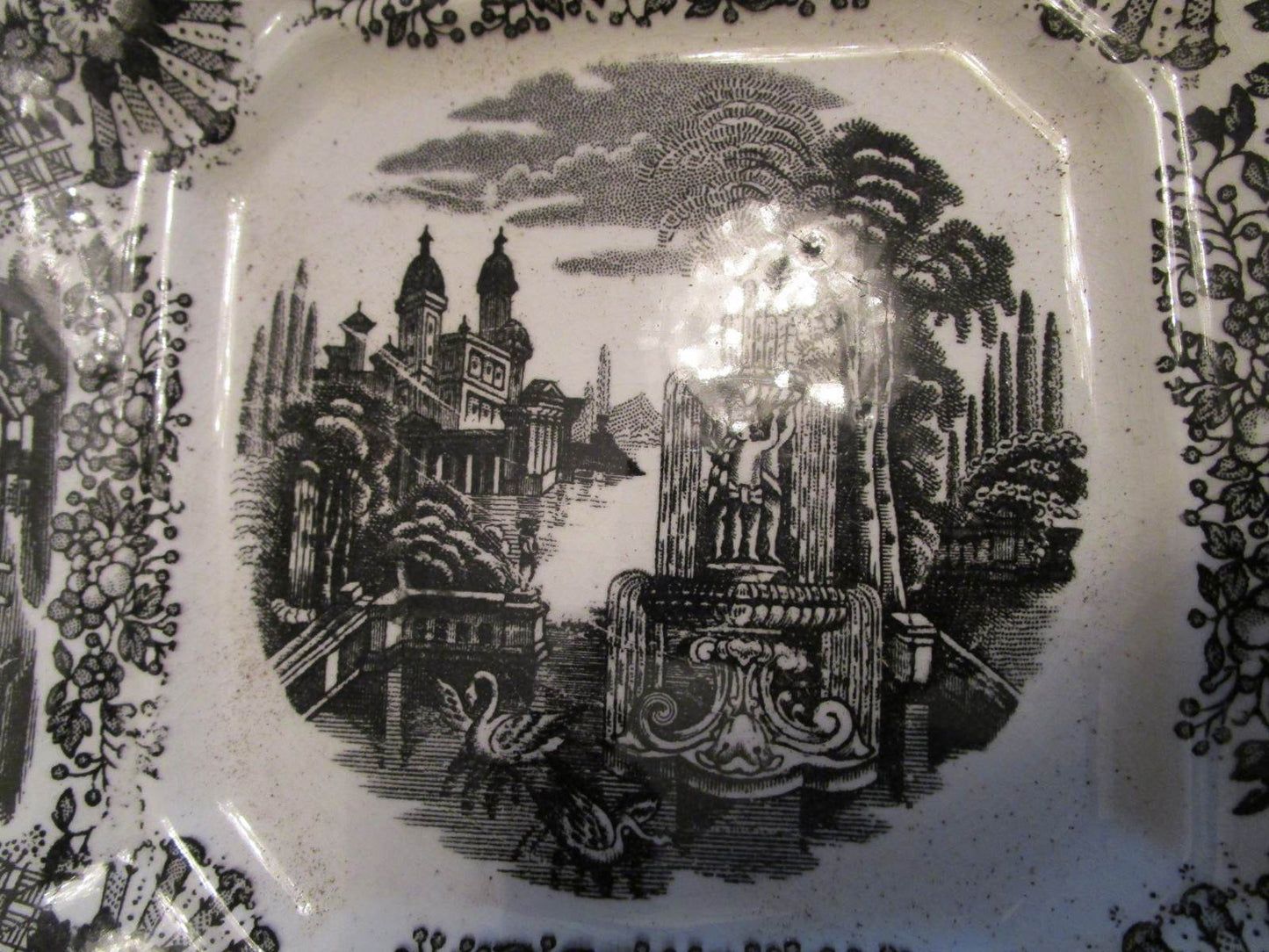 ANTIQUE 1800s PICKMAN LA CARTUJA POTTERY VISTAS SPAIN BLACK TRANSFERWARE TRAY