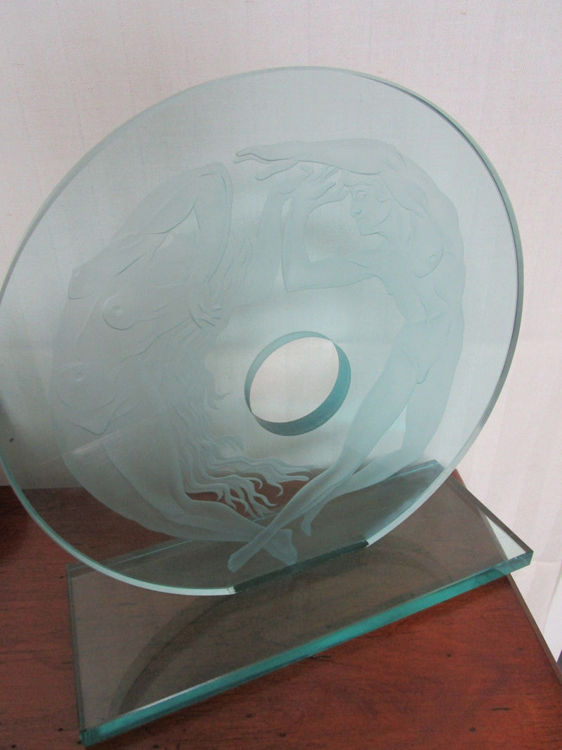 NAKED DIVERS COUPLE TABLE SCULPTURE LARGE 16 X 15 X 6" ETCHED GLASS