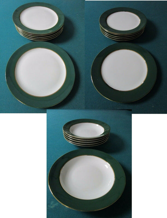 ZSOLNAY HUNGARY DINNER SALAD SOUP  PLATES WHITE/GREEN /GOLD ACCENT 1960s PICK 1