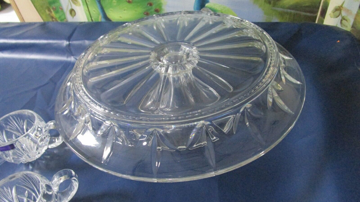 WATERFORD PEDESTAL PUNCH BOWL CAKE STAND FINLEY PATTERN WITH 4 PUNCH GLASSES