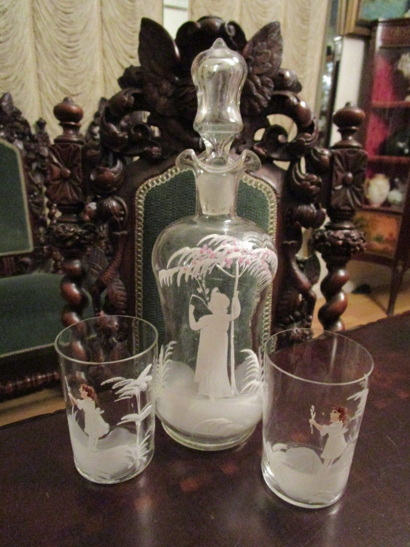 CRYSTAL DECANTER AND 2 TUMBLERS  HANDPAINTED WHITE AND COLOR FLOWERS [*G-2]