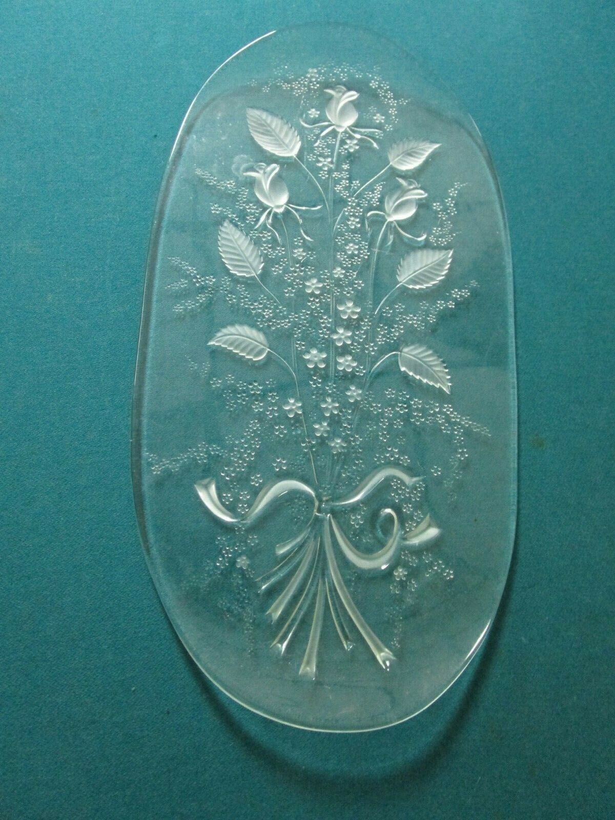 VICTORIAN GLASS TRAY ETCH RIBBONS AND FLOWERS 16" X 8"