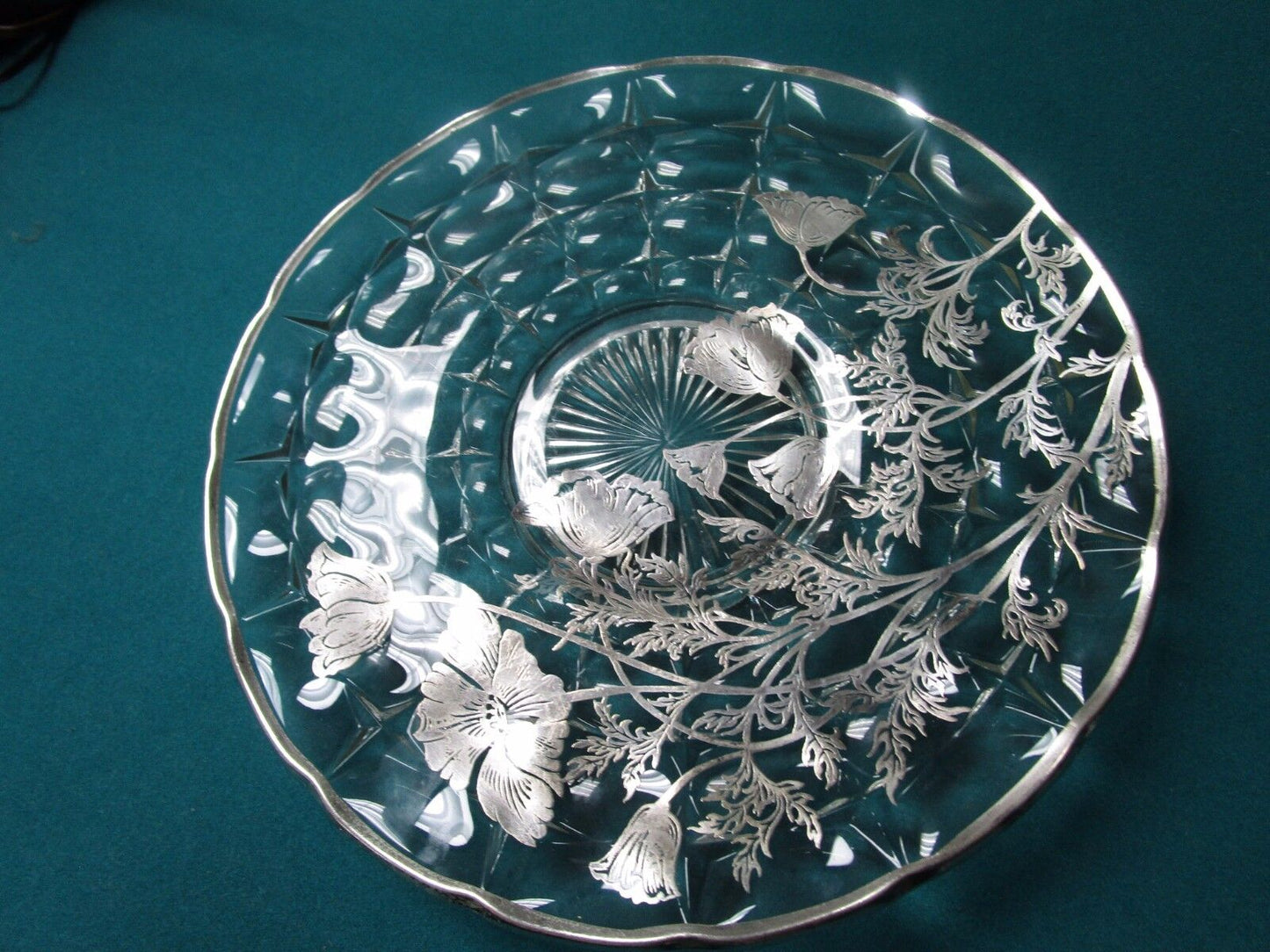 Silver City sterling overlay large round tray Flanders Poppies, 13" diam [a*5C]