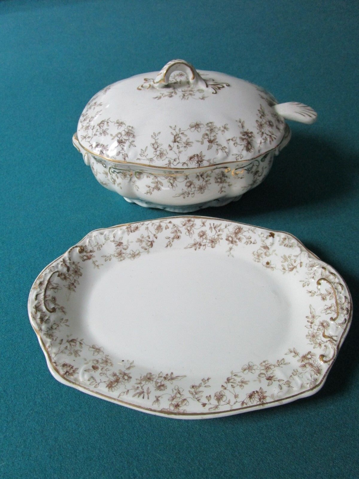 ANTIQUE 1880s Ridgways Royal Semi Porcelain MINI TUREEN SAUCE BOWL SPOON PLATE