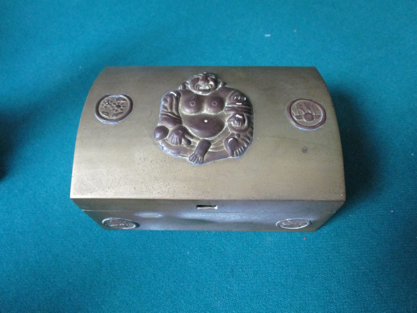 CHINESE BUDDHA ANTIQUE WOOD LINER METAL BRASS COFFER  BOX HANDMADE