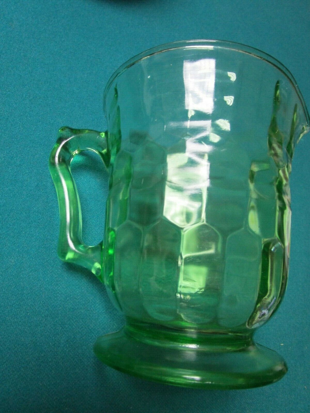 URANIO HAZEL ATLAS GREEN VASELINE GLASS PITCHER DECANTER GLASSES ESBO RARE PICK1