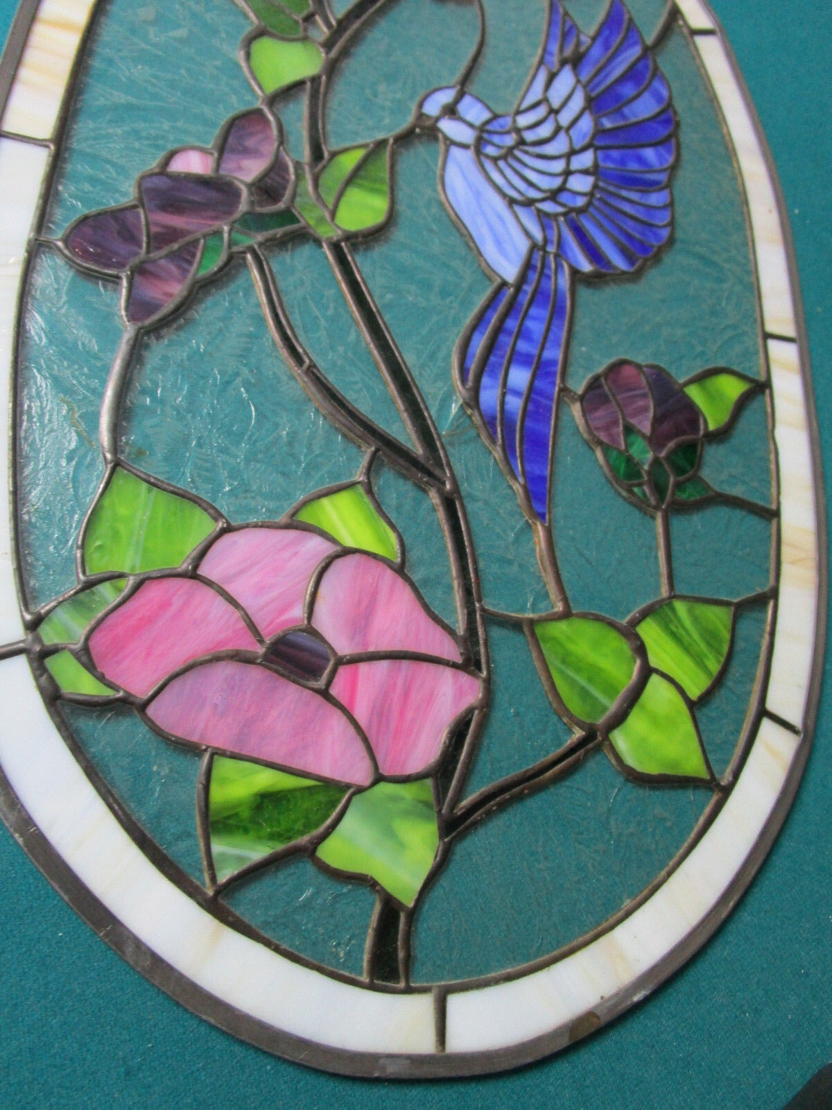 Tiffany Style Stained  GLASS FLOWERS AND HUMMINGBIRD 22 X 13"