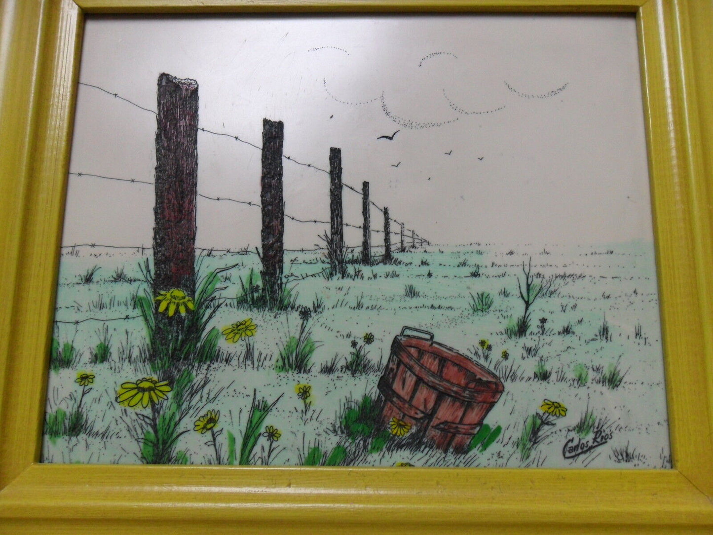 Vintage Etching on plastic? Signed Carlos Rios country scene, framed