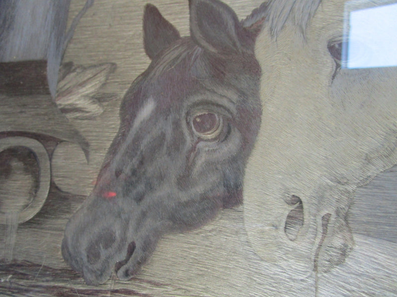 Vintage Woven Silk Painting Art Three Horses 16 1/2  12 1/2"