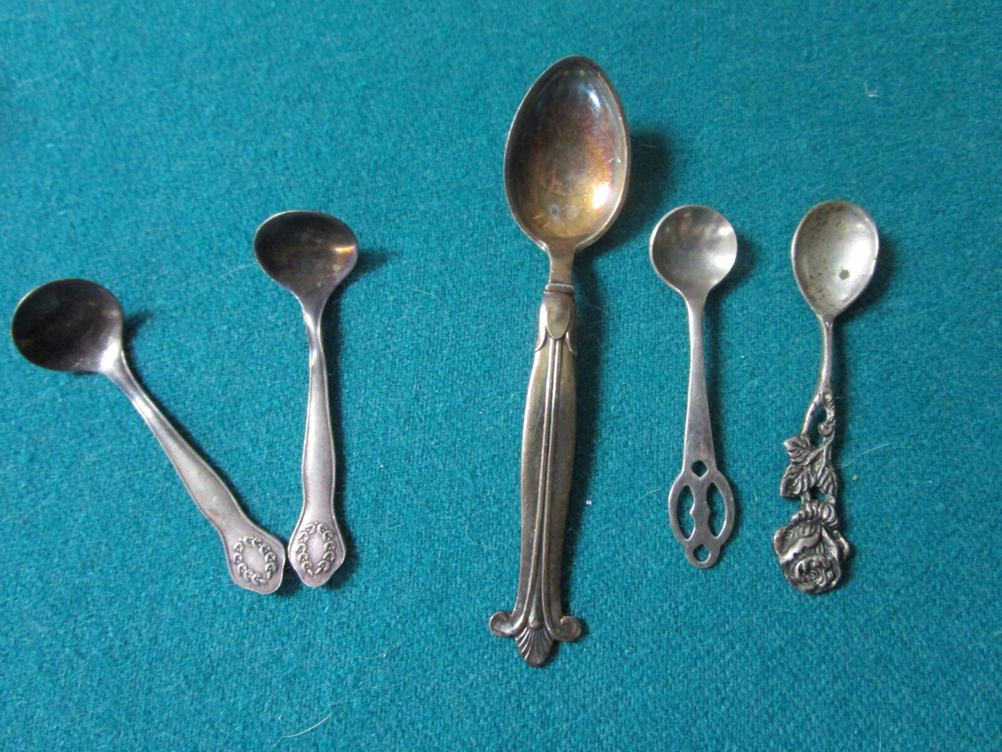 5 SPOONS, 3 STERLING AND  2 SILVERPLATE, ONE COHR COFFEE SPOON STERLING[*a3b