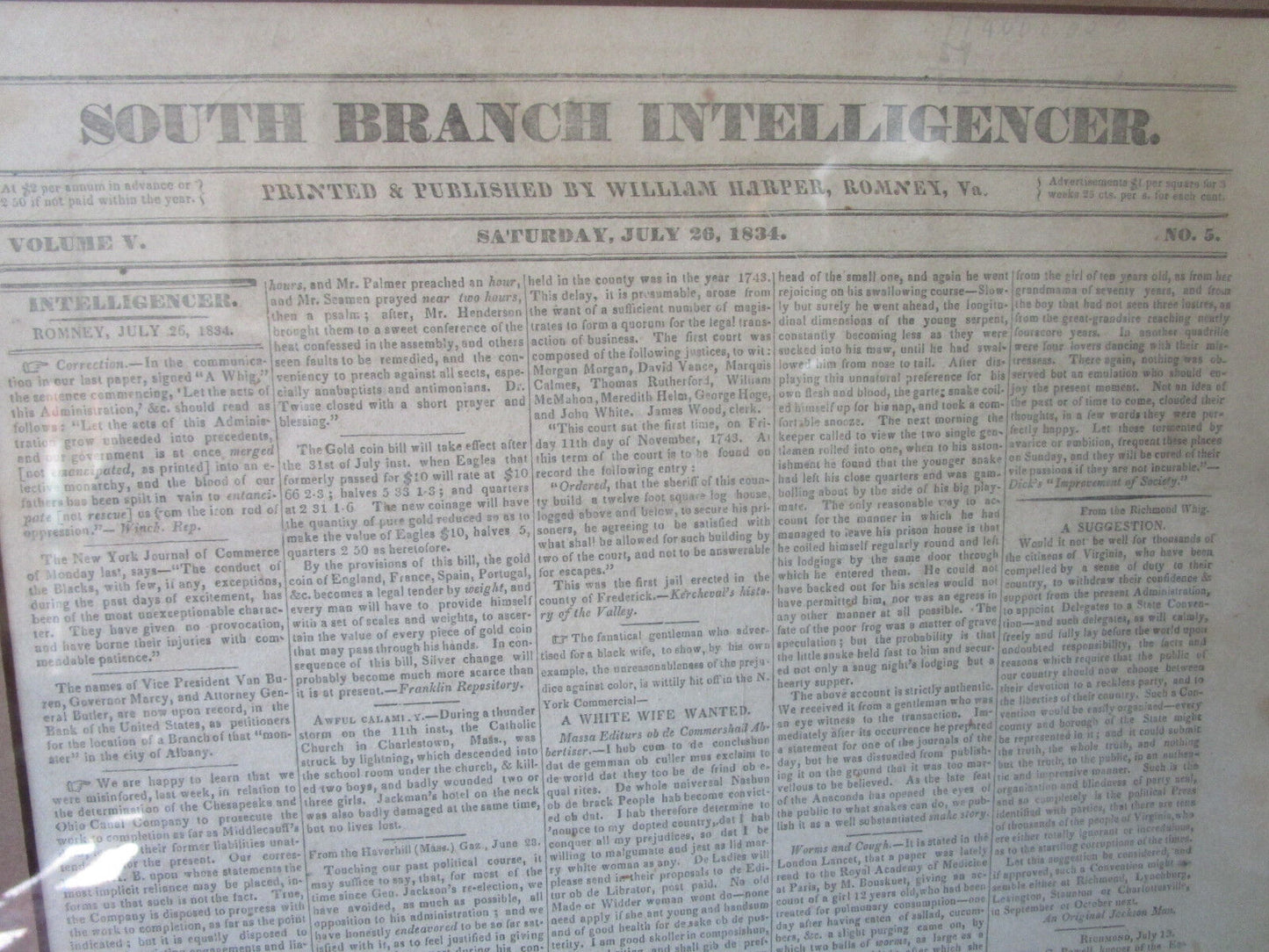 4 ANTIQUE 1830s FRAMED PAGES OF T"HE SOUTH BRANCH INTELLIGENCER"