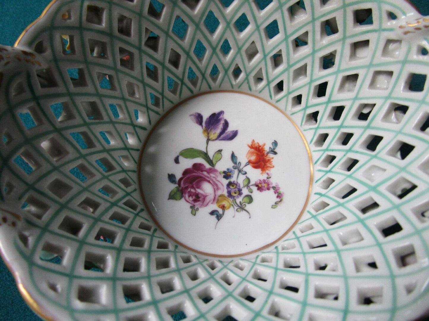 ANTIQUE ANSPACH GERMANY ROUND BASKET BOWL CERAMIC FLOWERS WAVED