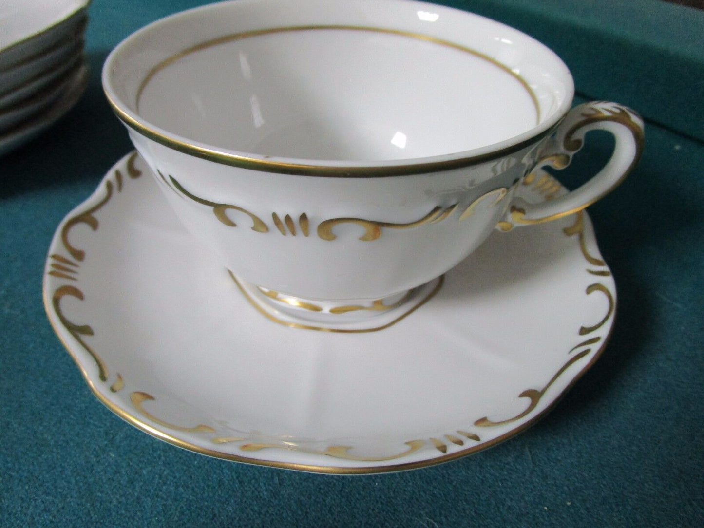 ZSOLNAY HUNGARY 6 CUPS AND SAUCERS WHITE CREAM/GOLD ACCENT, 1960s