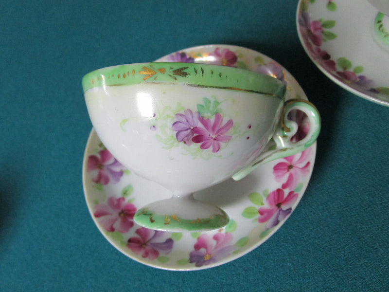 Midcentury Cups And Saucers Made In Japan Purple Pink Flowers Gorgeous