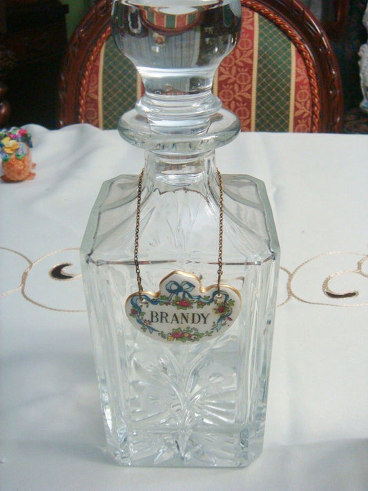 1960s Brandy Glass  Bottle decanter engraved leaves, ceramic sign [GL-5]