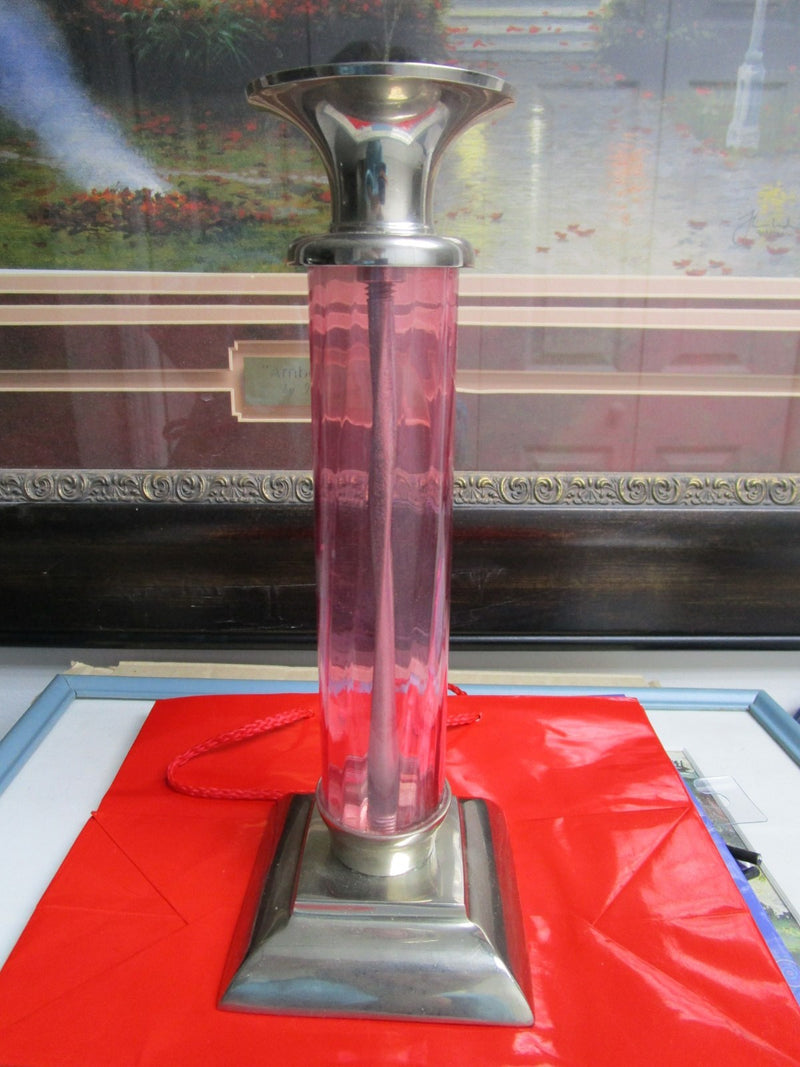 Candleholder TOWER  pink GLASS and silverplate, round body, 9 1/2" ORIGINAL