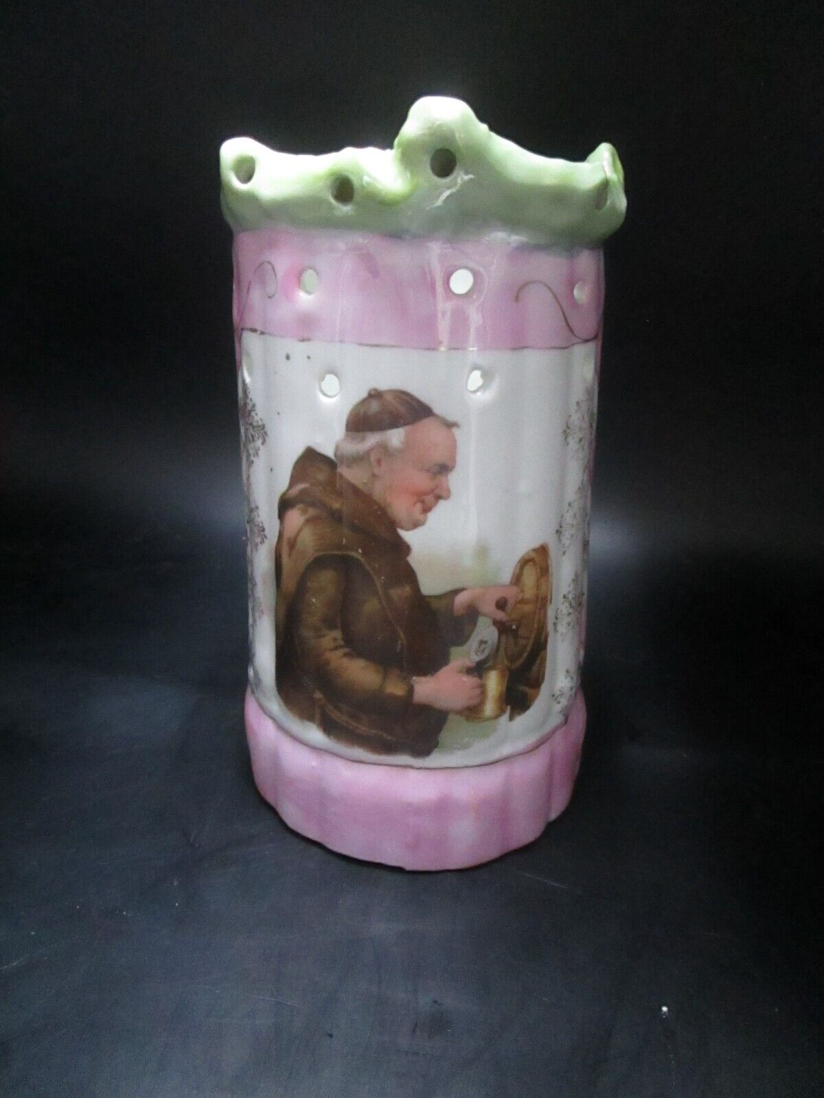 Antique German puzzle mug stein pink with a monk