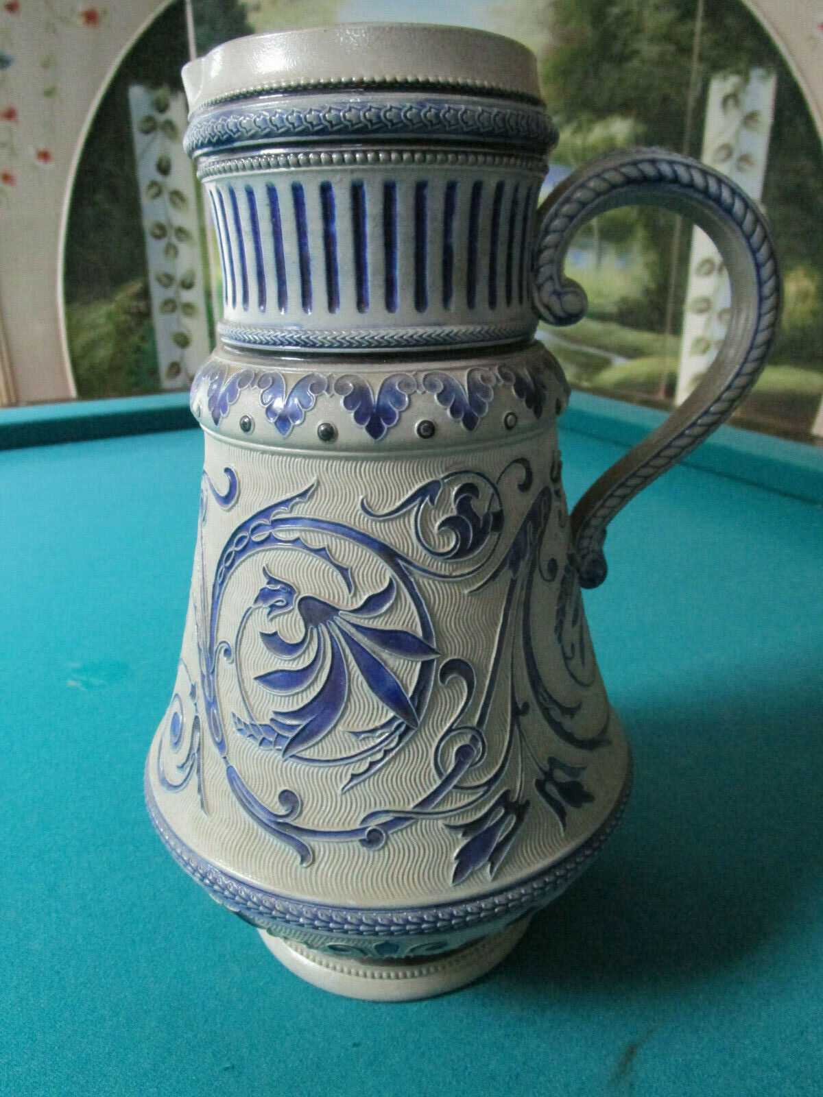 WESTERWALD LARGE STONEWARE ANTIQUE KRUG/ TANKARD COVERED JUG 17" TALL