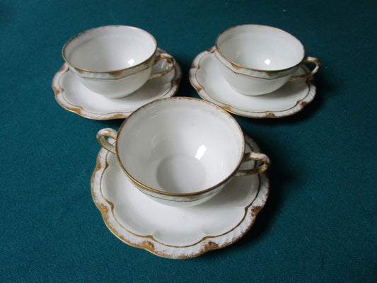 Haviland Limoges France  3 Cups And Saucers  England   White Gold Rim [50J]