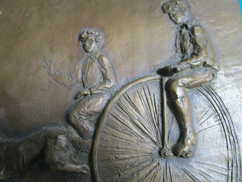 DP CERAMIC PLASTER PLAQUE CHILDREN PLAYING IN BICYCLE 9 1/2 x 8 1/2 B