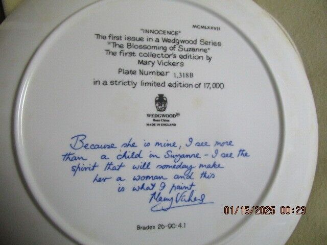 MARY VICKERS "INNOCENCE" COLLECTOR PLATE BY WEDGWOOD IN BOX 9in ^^